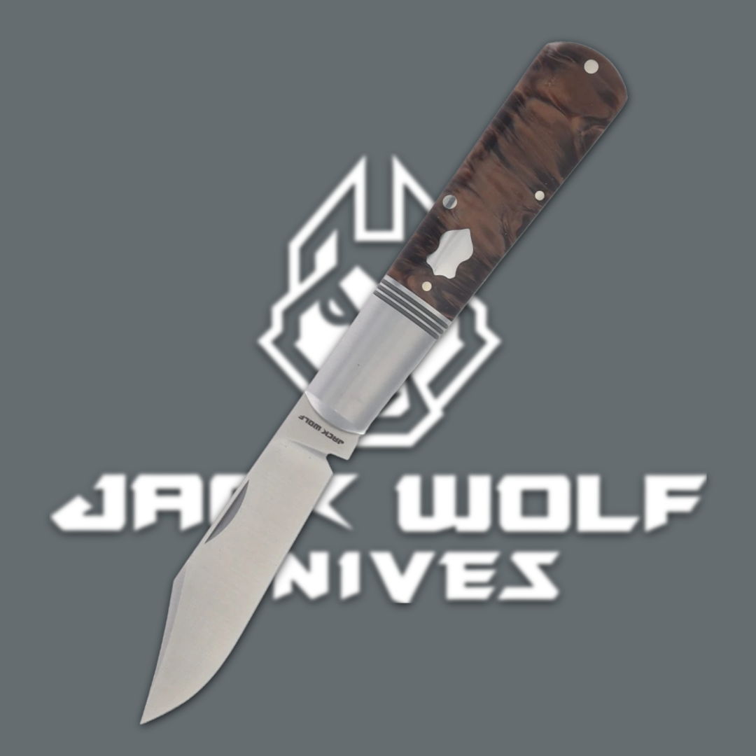 Knife with wooden handle over Jack Wolf Knives logo.