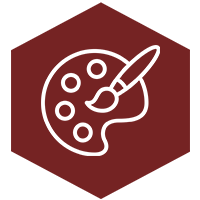 Icon of a painter's palette with a paintbrush on a hexagonal background.