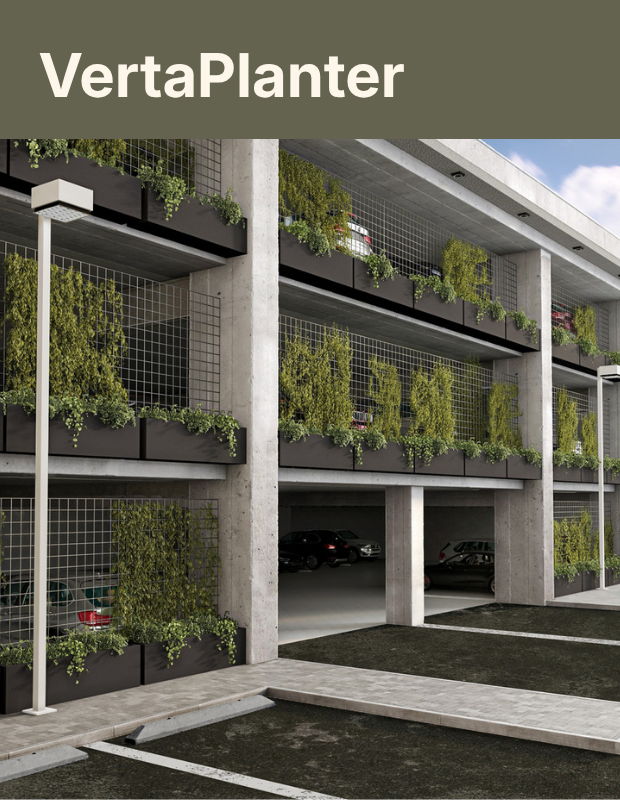 Verta Planter Guide showing planters with vertical trellises with greenery on multi-level structure.