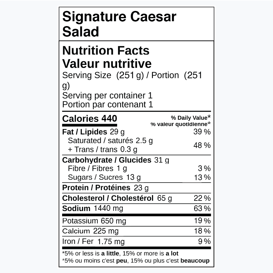 Nutrition facts for Signature Caesar Salad, including calories and nutrients.