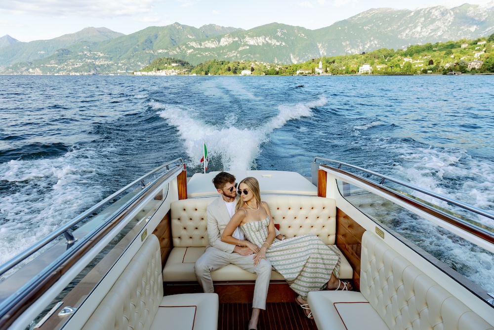 couple on boat, engagement at lake como, italy