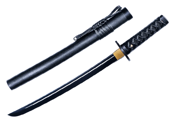 A black katana with a decorative handle and sheath.