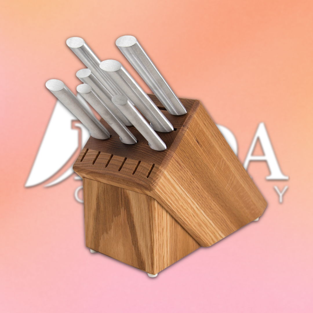 Knife block with stainless steel knives on a gradient background.
