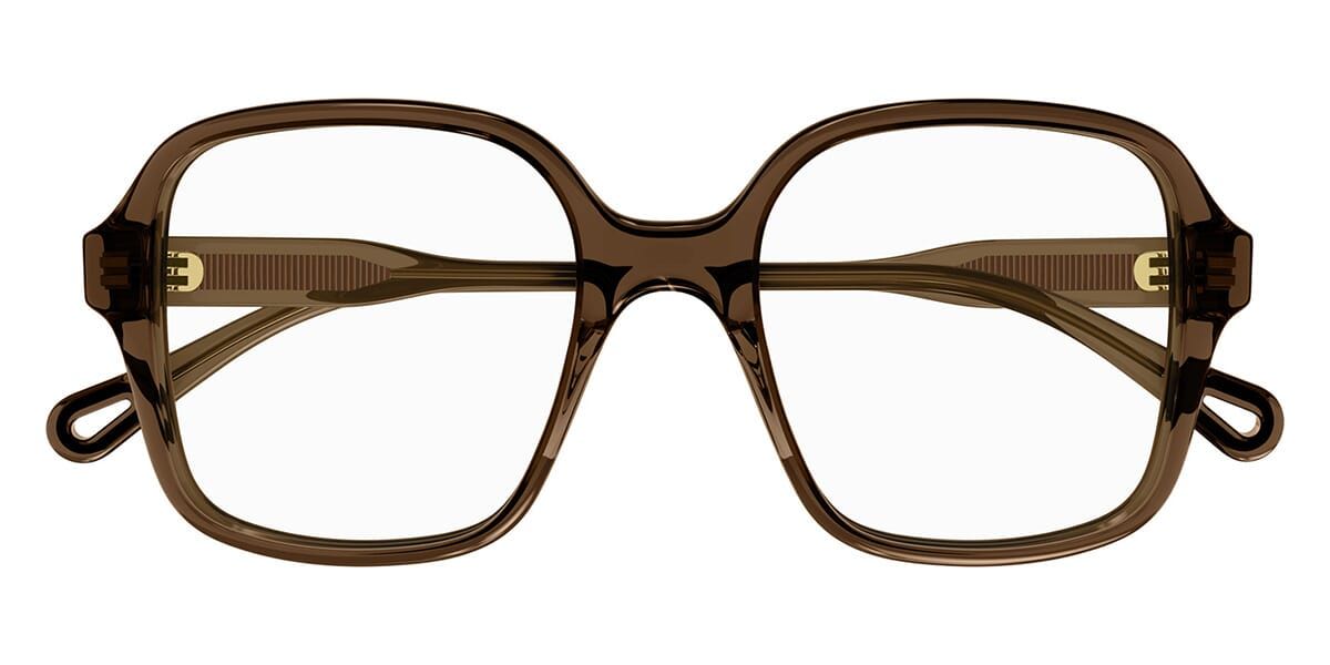 Brown rectangular glasses with a simple design and gold accents.