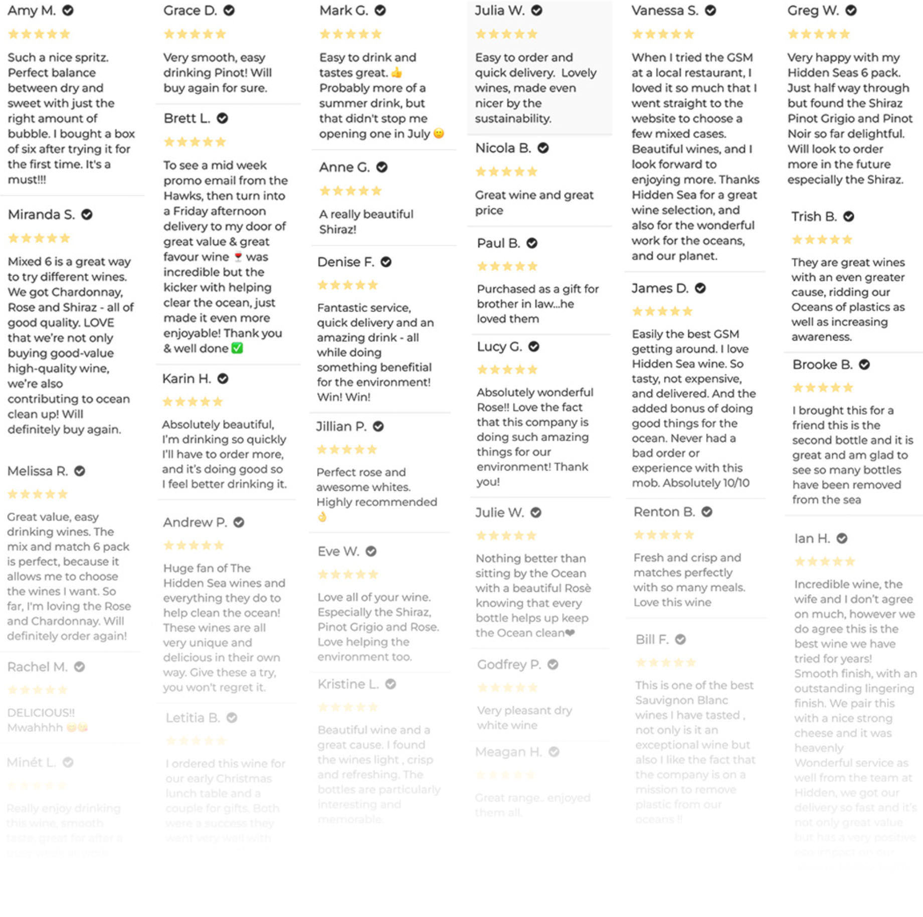 Screenshot of a multi-column grid of customer reviews with star ratings and names (e.g., Amy M., Grace D., Mark G., Julia W., Vanessa S., Greg W.), showing short testimonials about The Hidden Sea wine, delivery experience, and the ocean cleanup mission; the lower portion fades out to white.