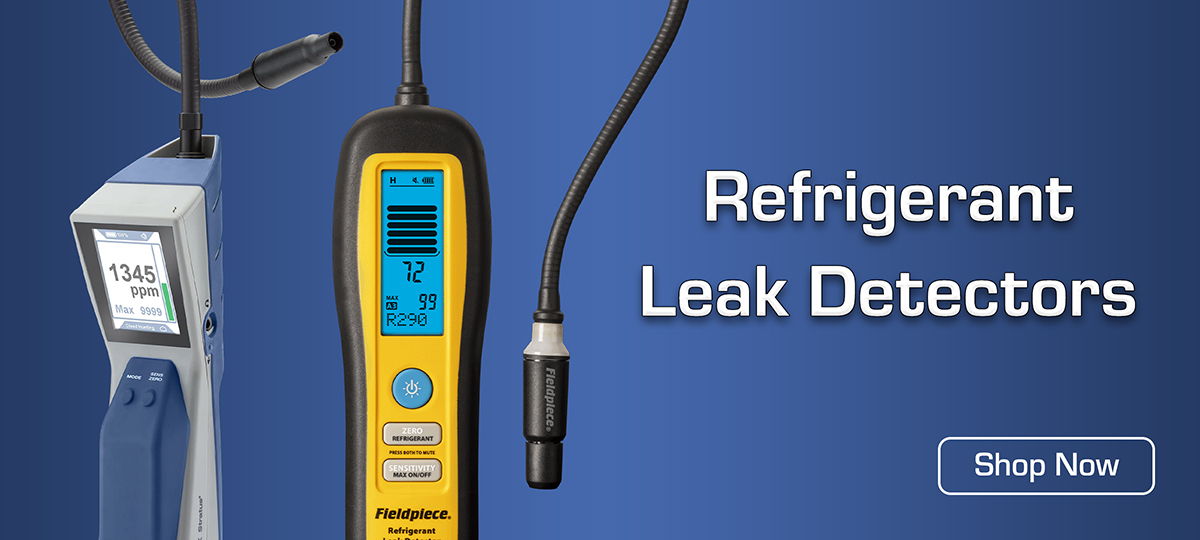 Refrigerant leak detectors banner with handheld HVAC leak detector tools and Shop Now button.