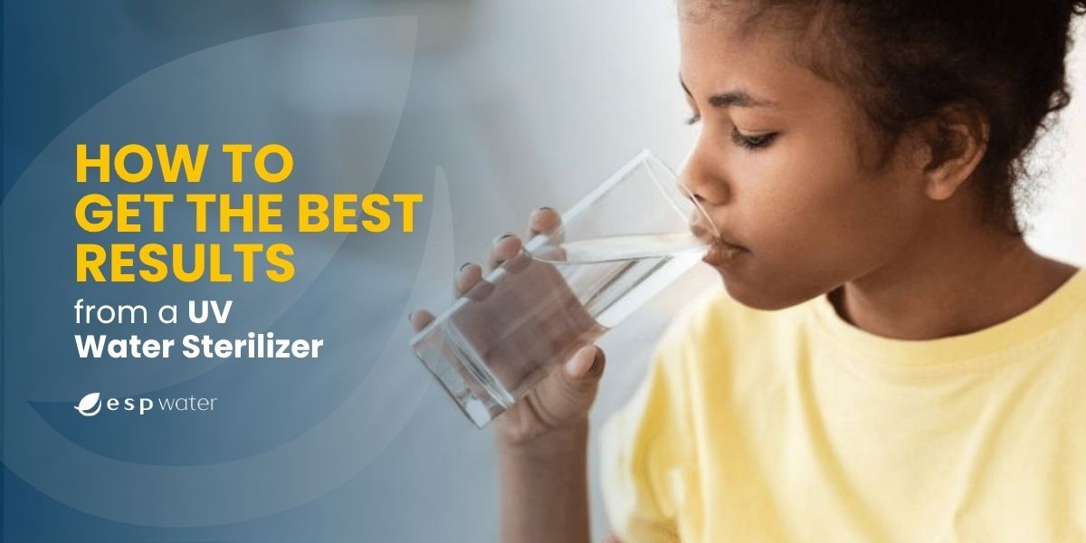 Girl drinking water with text about UV water sterilizer results.