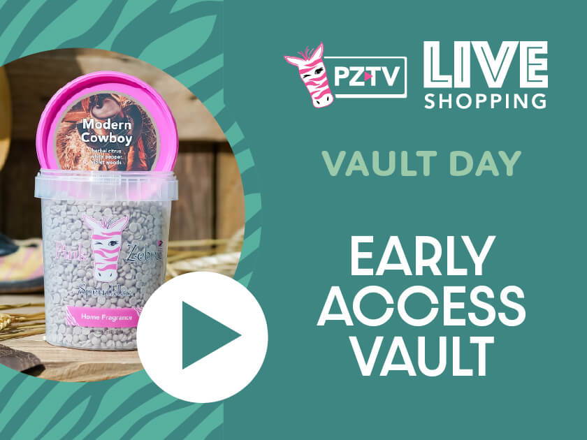 PZTV Live Shopping advertisement featuring a container and play button for Vault Day.