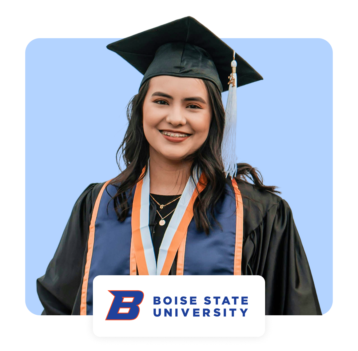 Graduating student wearing a cap and gown with Boise State University logo.