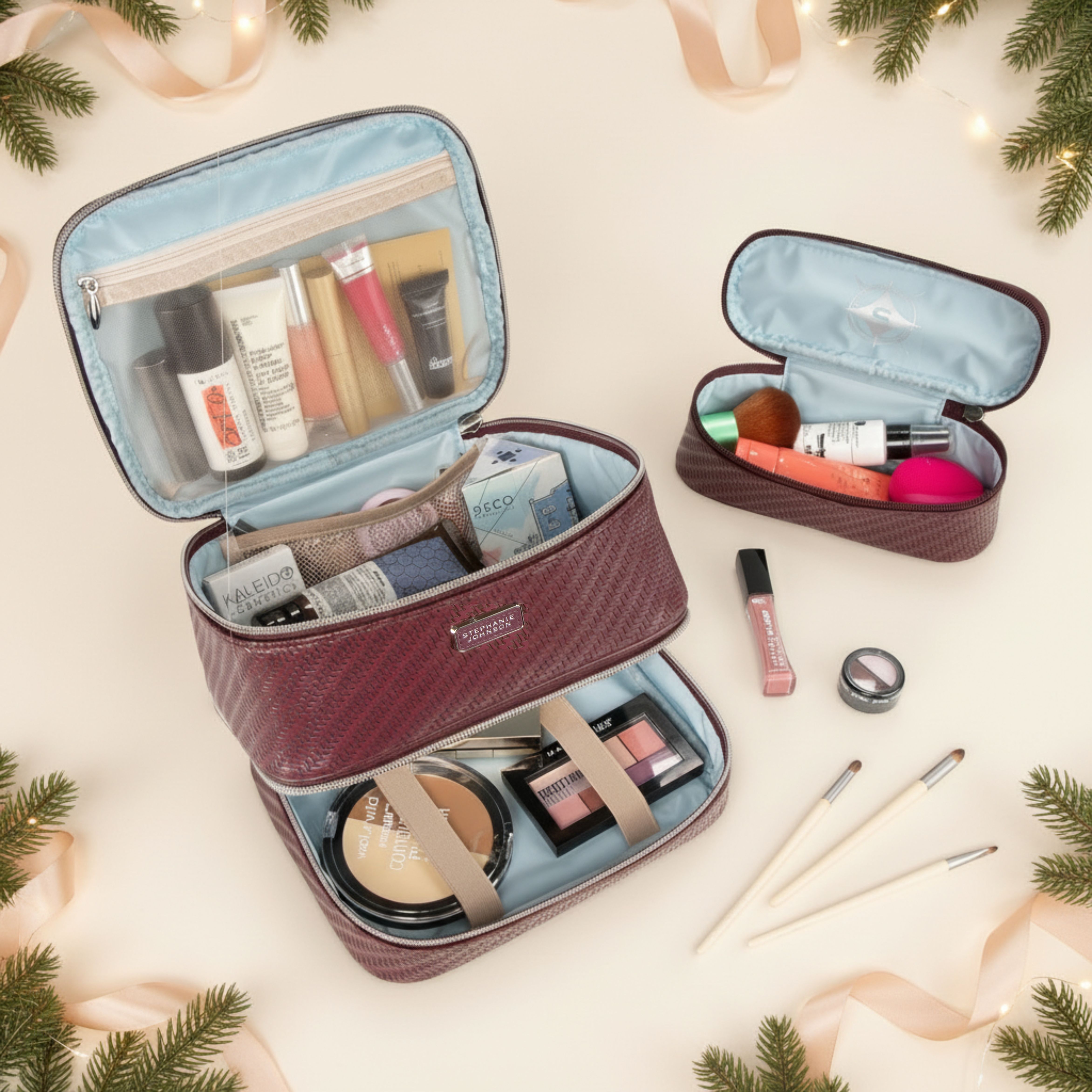 Makeup bags with various cosmetics arranged on a festive background.