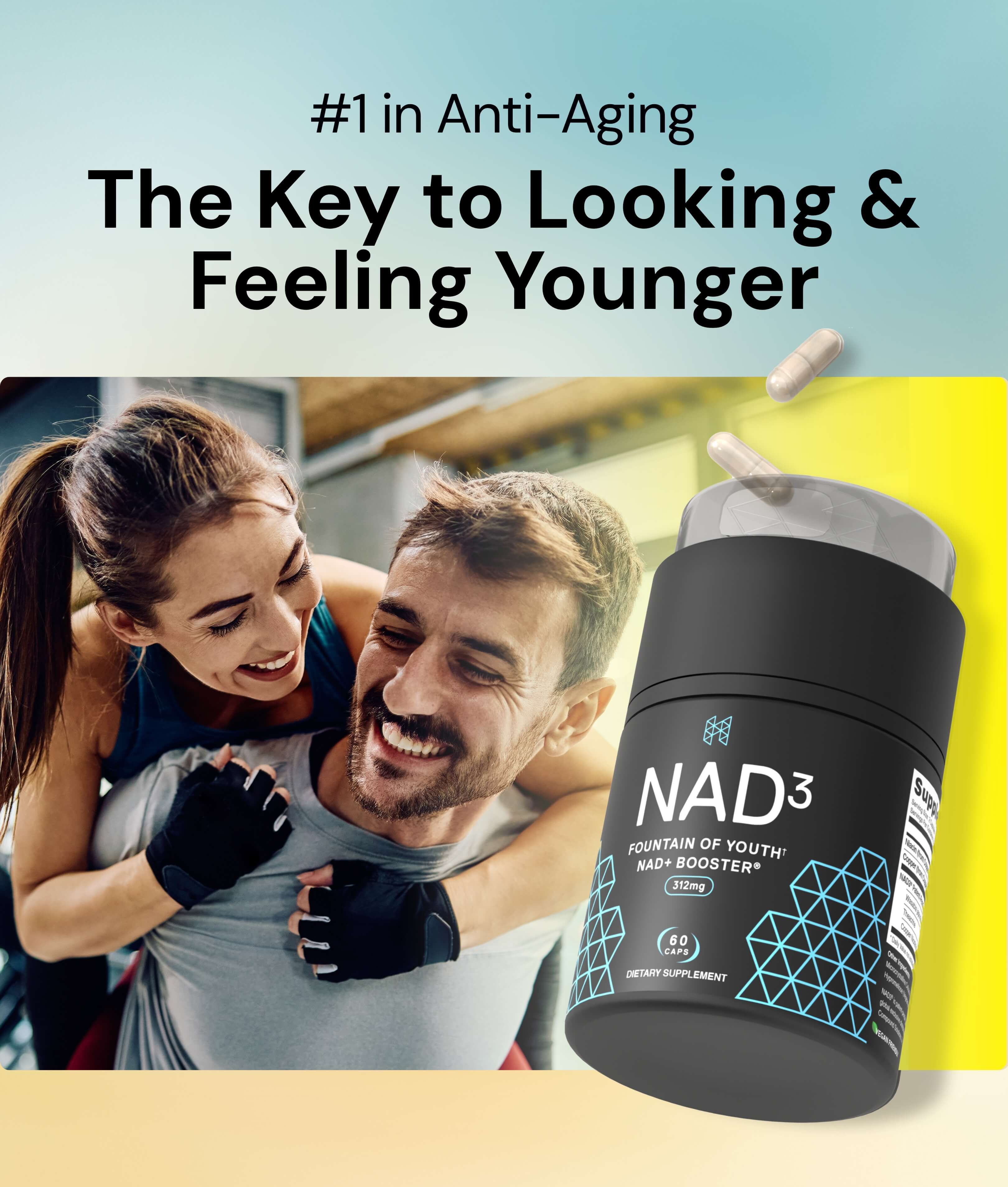 Supplement bottle with anti-aging text and happy couple exercising.