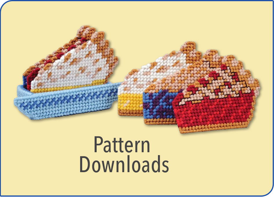Plastic Canvas Pie Slice coasters with holder and the text 