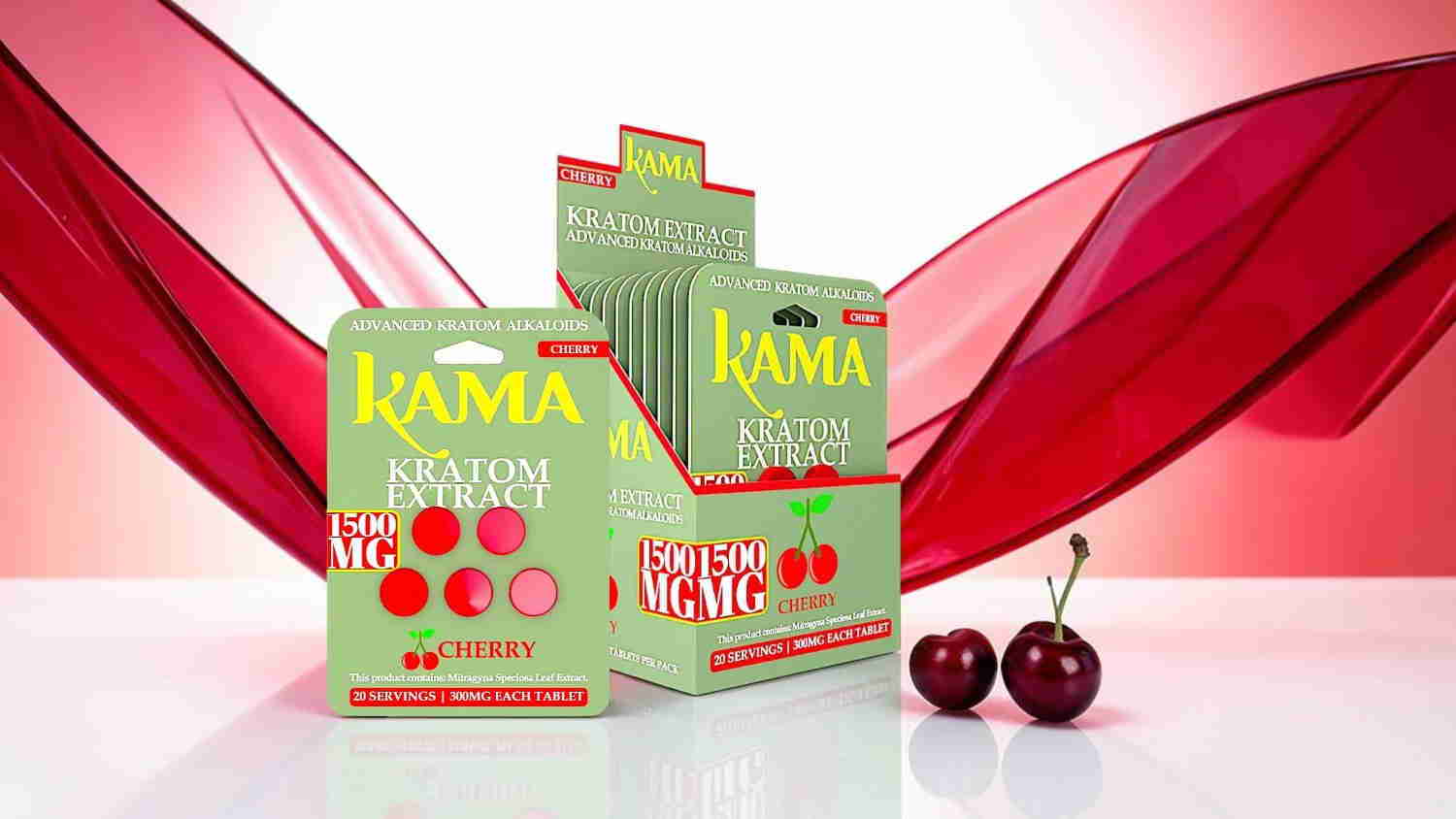 Kama packaging with cherries and a red background.
