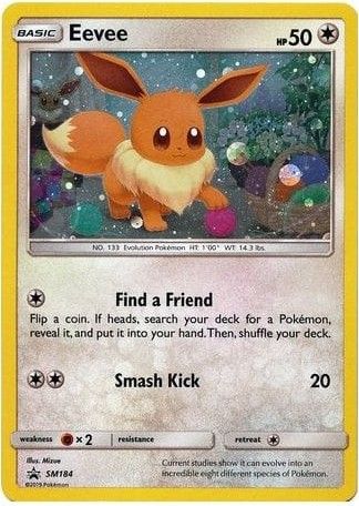 Eevee Pokémon card with abilities, health points, and colorful background.