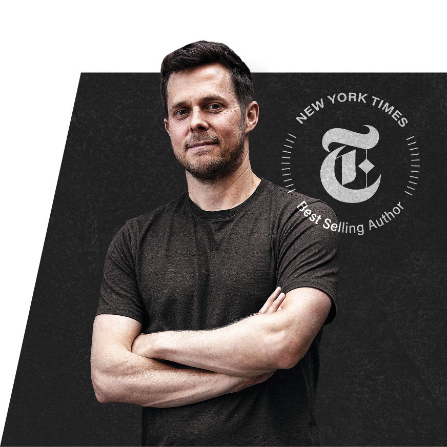 Complement Co-Founder and No Meat Athlete Founder Matt Frazier is crossing his arms next to a New York Times Best Selling Author badge. 