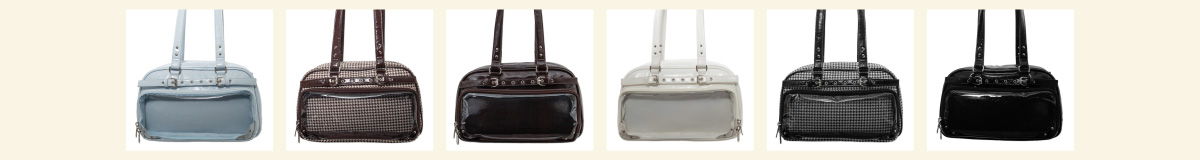 Six bags in various colors displayed in a row.