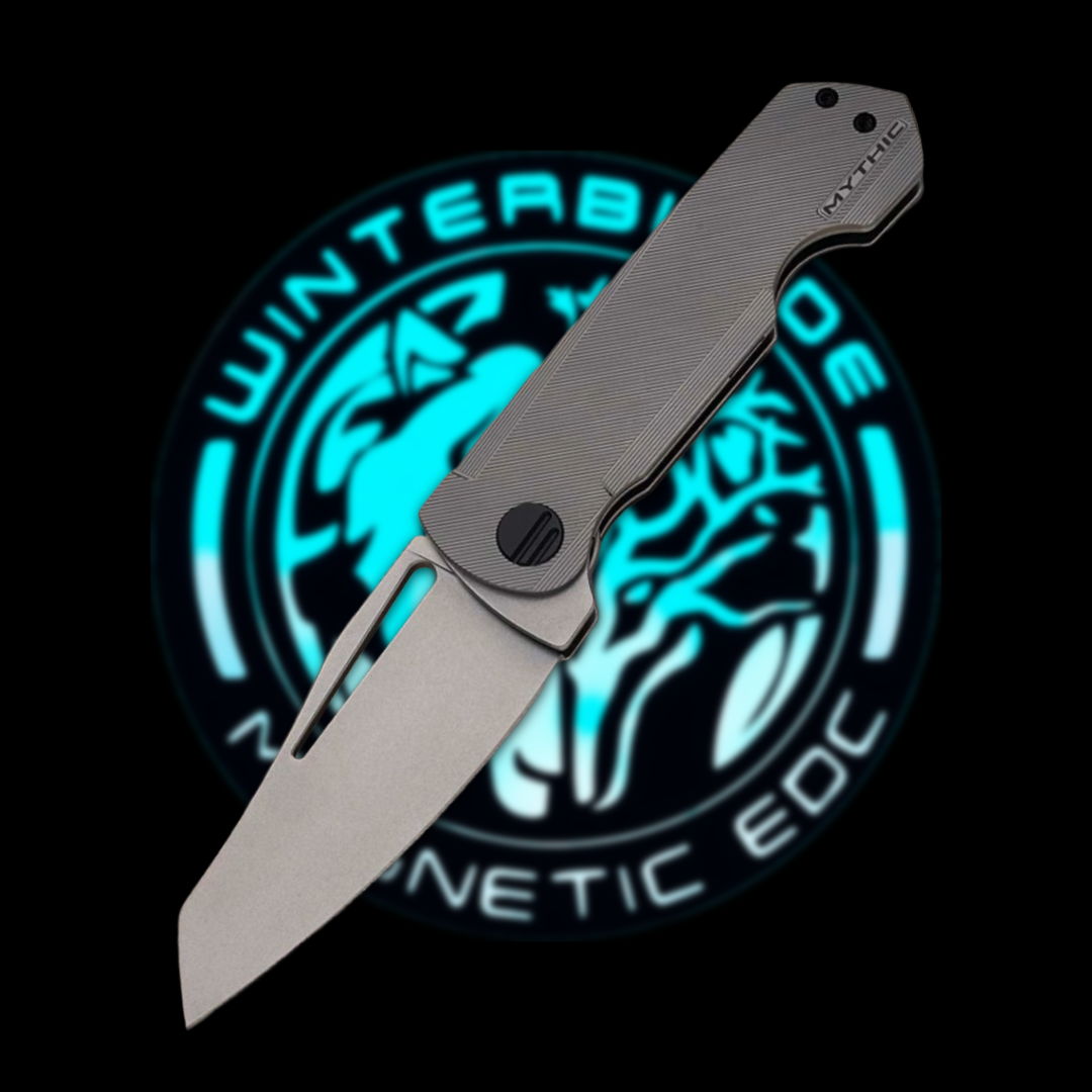 A folding knife with a sleek design and logo in the background.