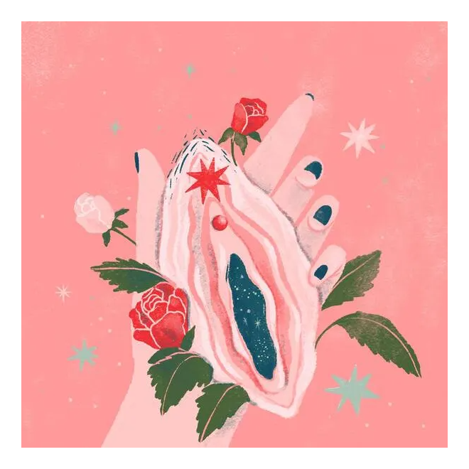 Ilustração de uma mão segurando a representação de uma vagina e rosas ao fundo