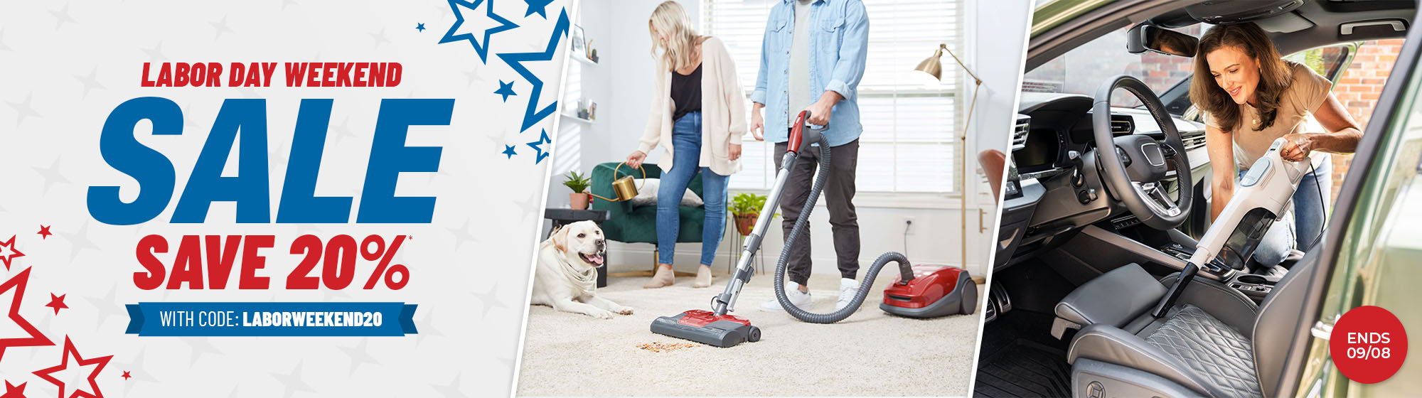 Weekend sale banner promoting 20% off cleaning products.