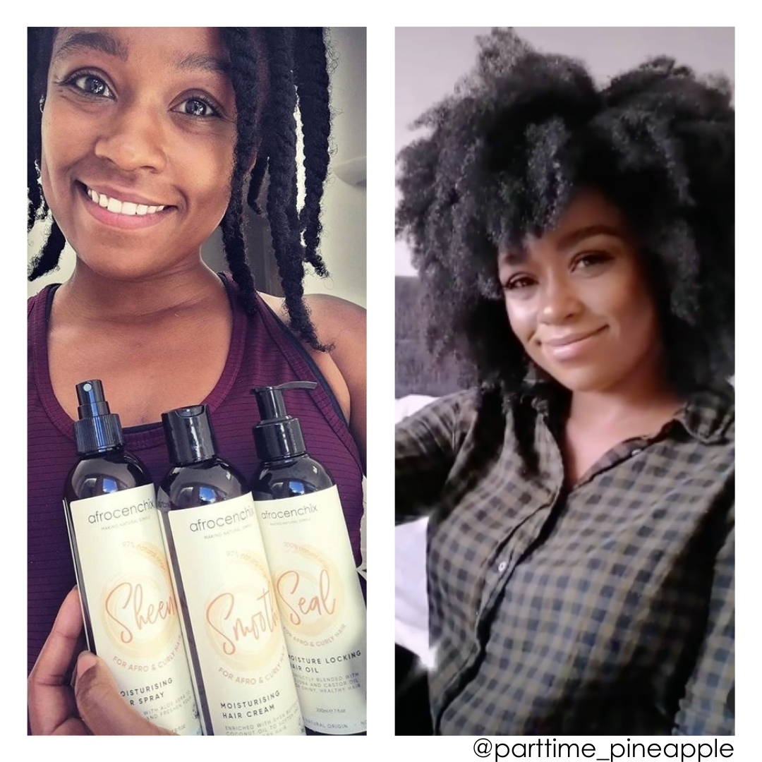 collage of beautiful black woman smiling and holding Afrocenchix Hair products