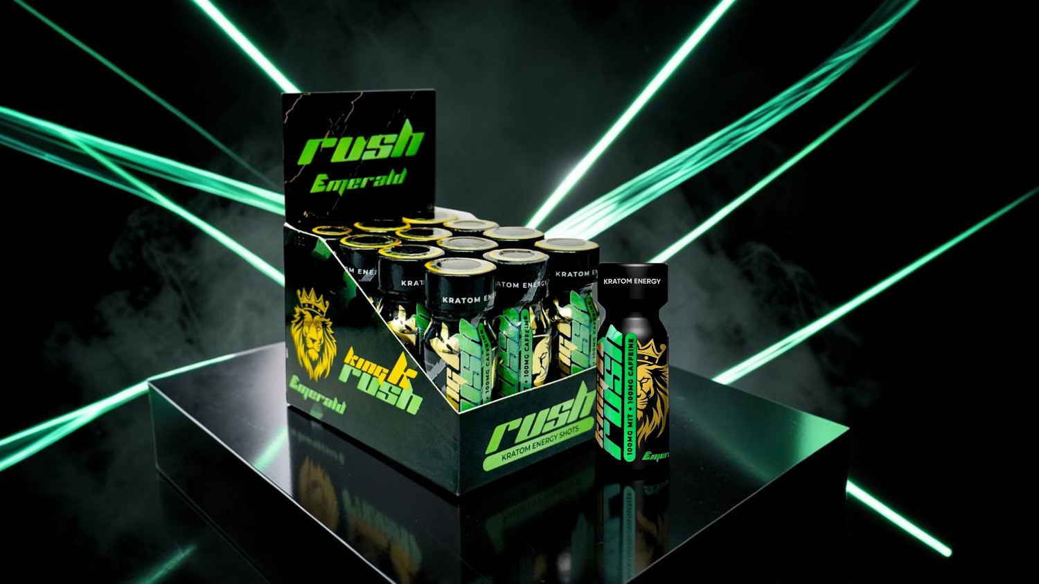 Display of energy drink bottles on a reflective surface with dynamic lighting.