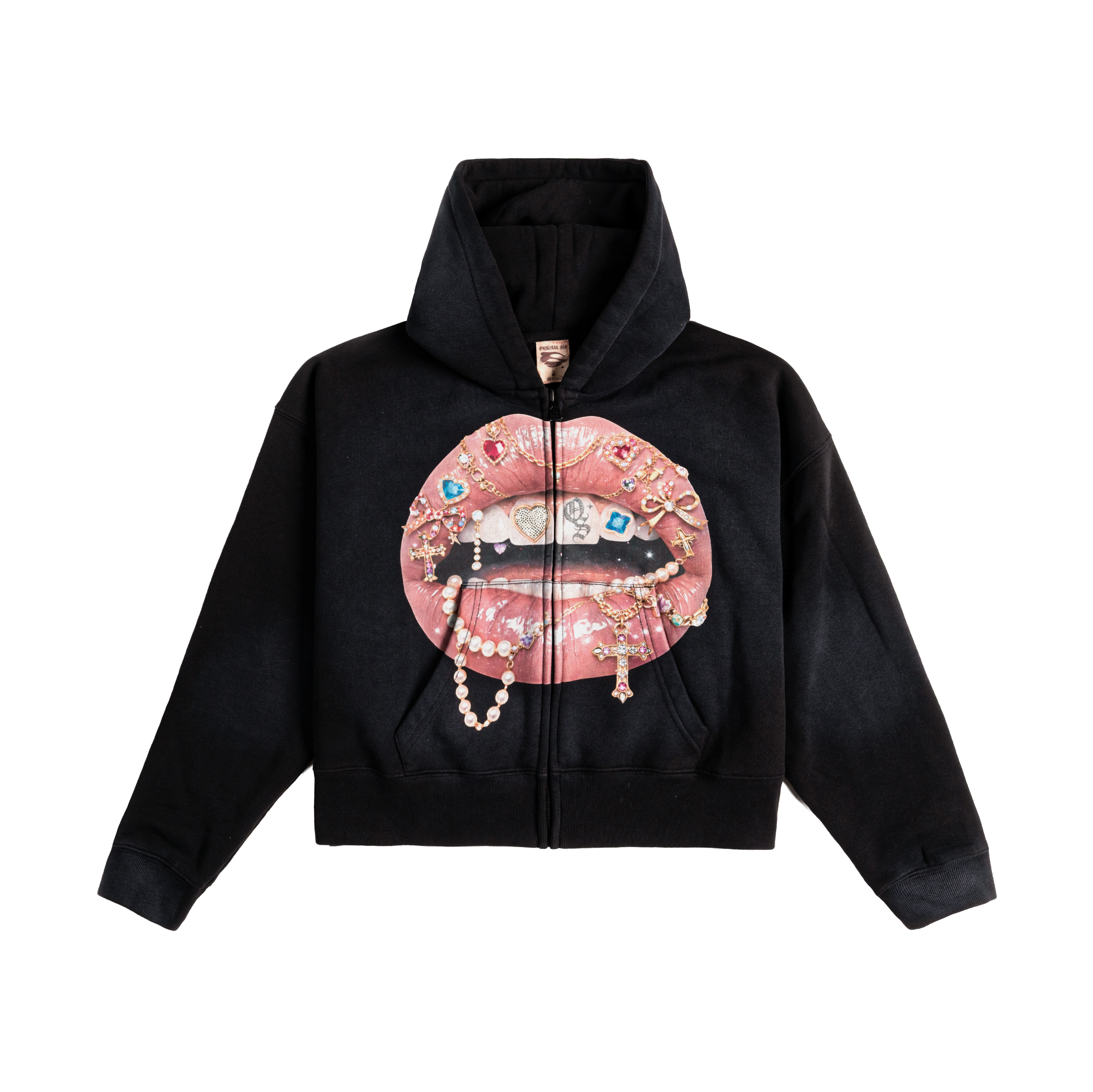 Black hoodie with graphic of lips and jewelry design.