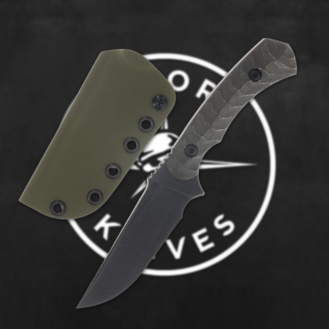 Knife with sheath on a black background featuring a logo.