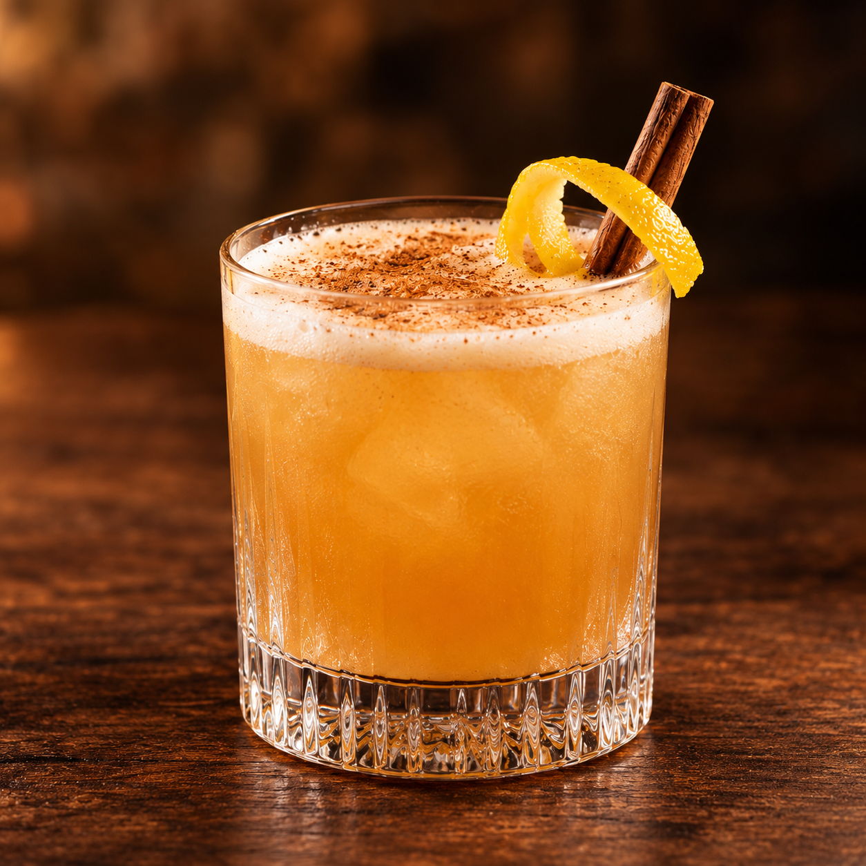 A cocktail in a glass garnished with a cinnamon stick and lemon twist.