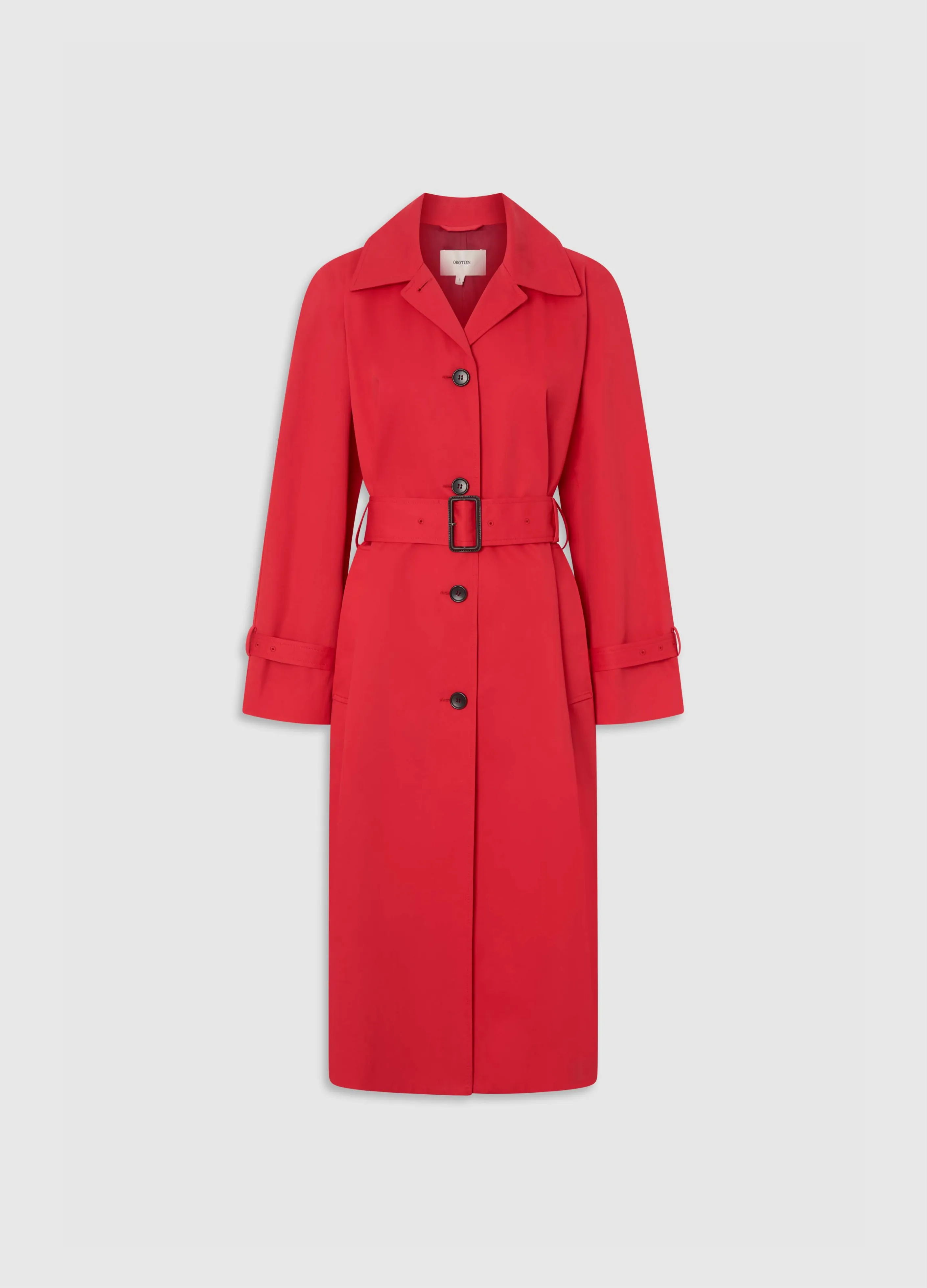Red belted coat with long sleeves and button closure.