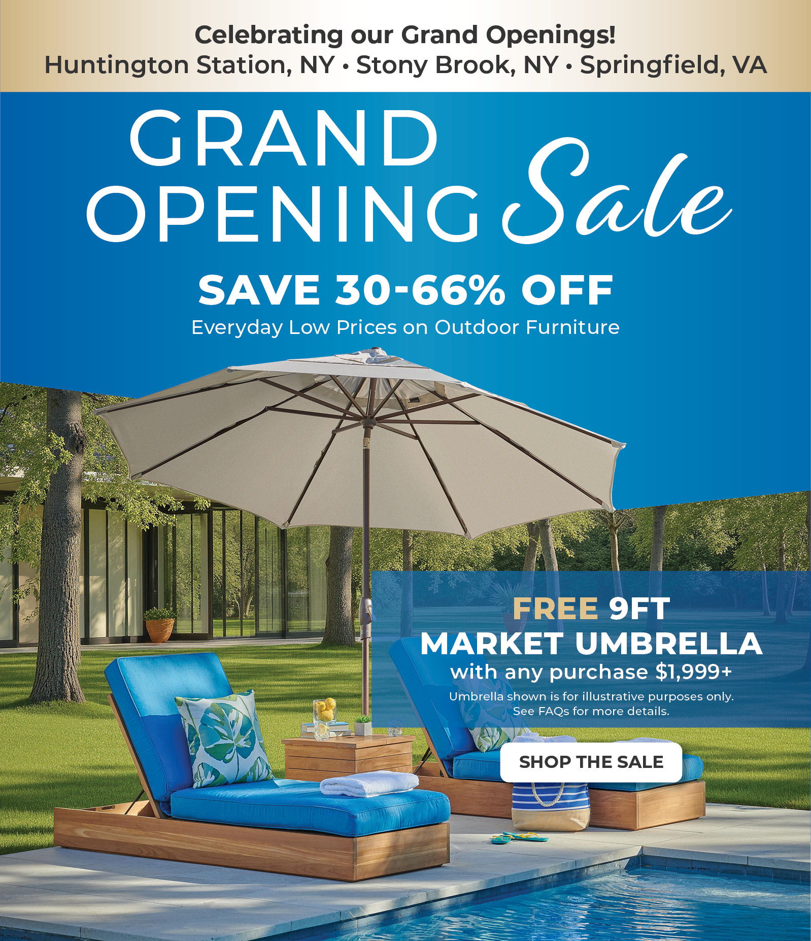 Grand opening sale with discounts and free market umbrella offer.