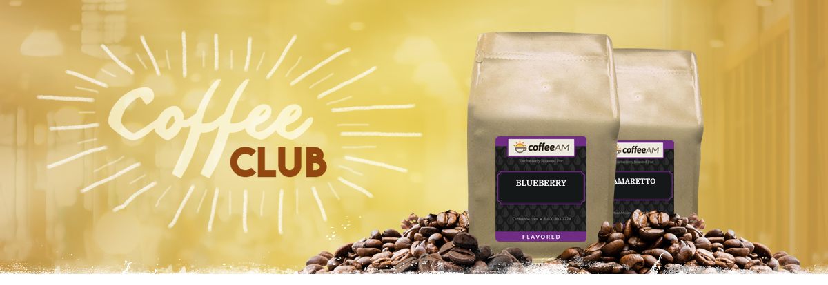 Two bags of coffee on a small mound of coffee beans. Gold and brown background with bright text that says 'coffee club'