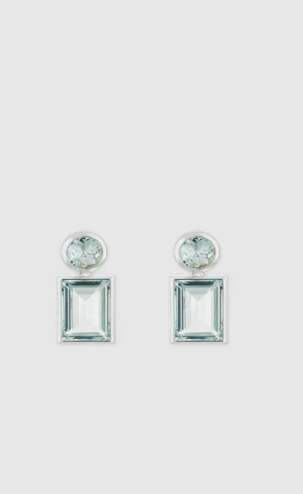 Stylish silver earrings featuring a round and rectangular gemstone design.