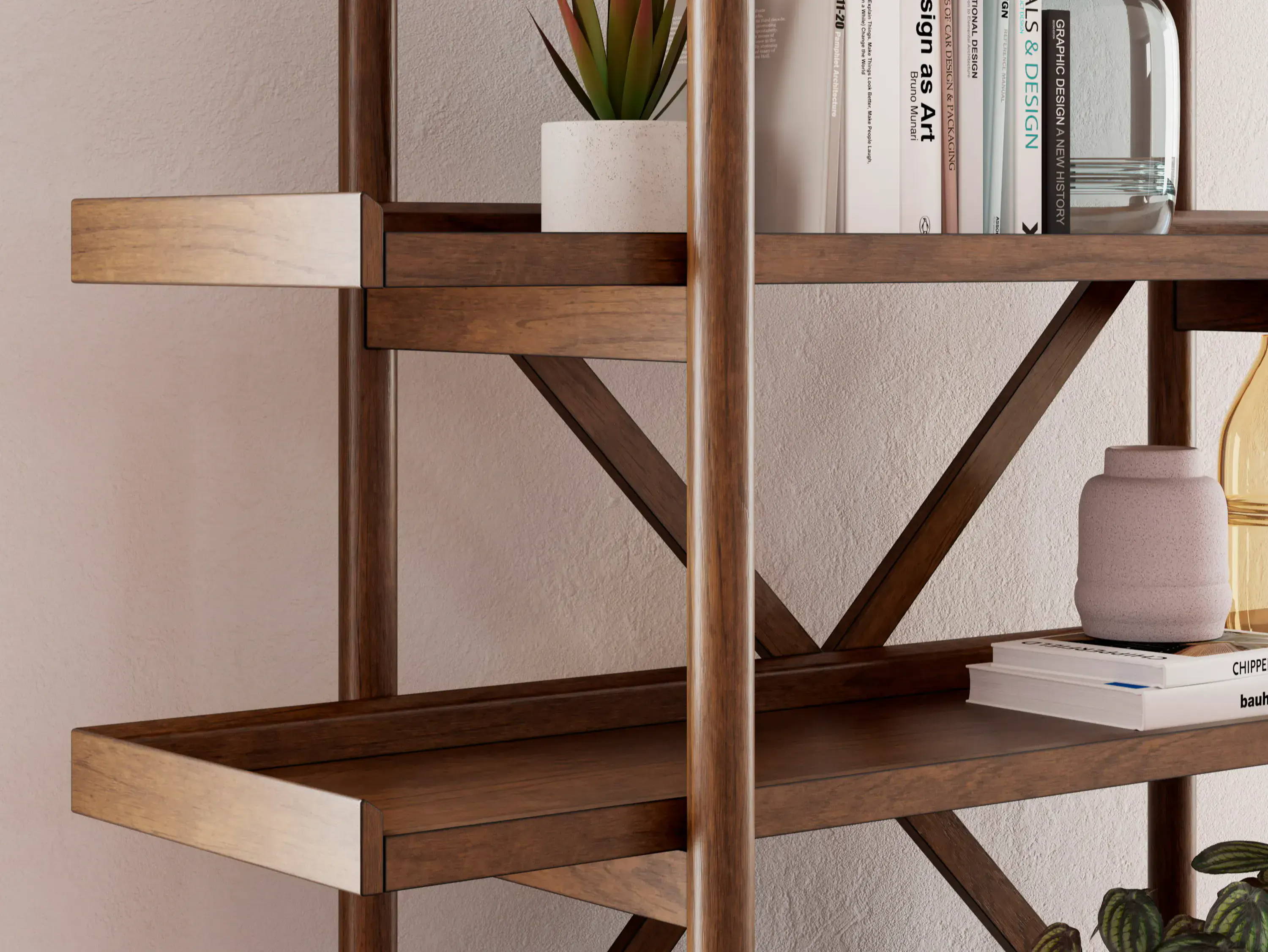 Wooden bookshelf with plants, books, and decorative items on shelves.