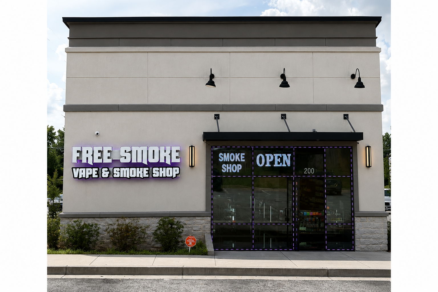 Storefront of a vape and smoke shop with 