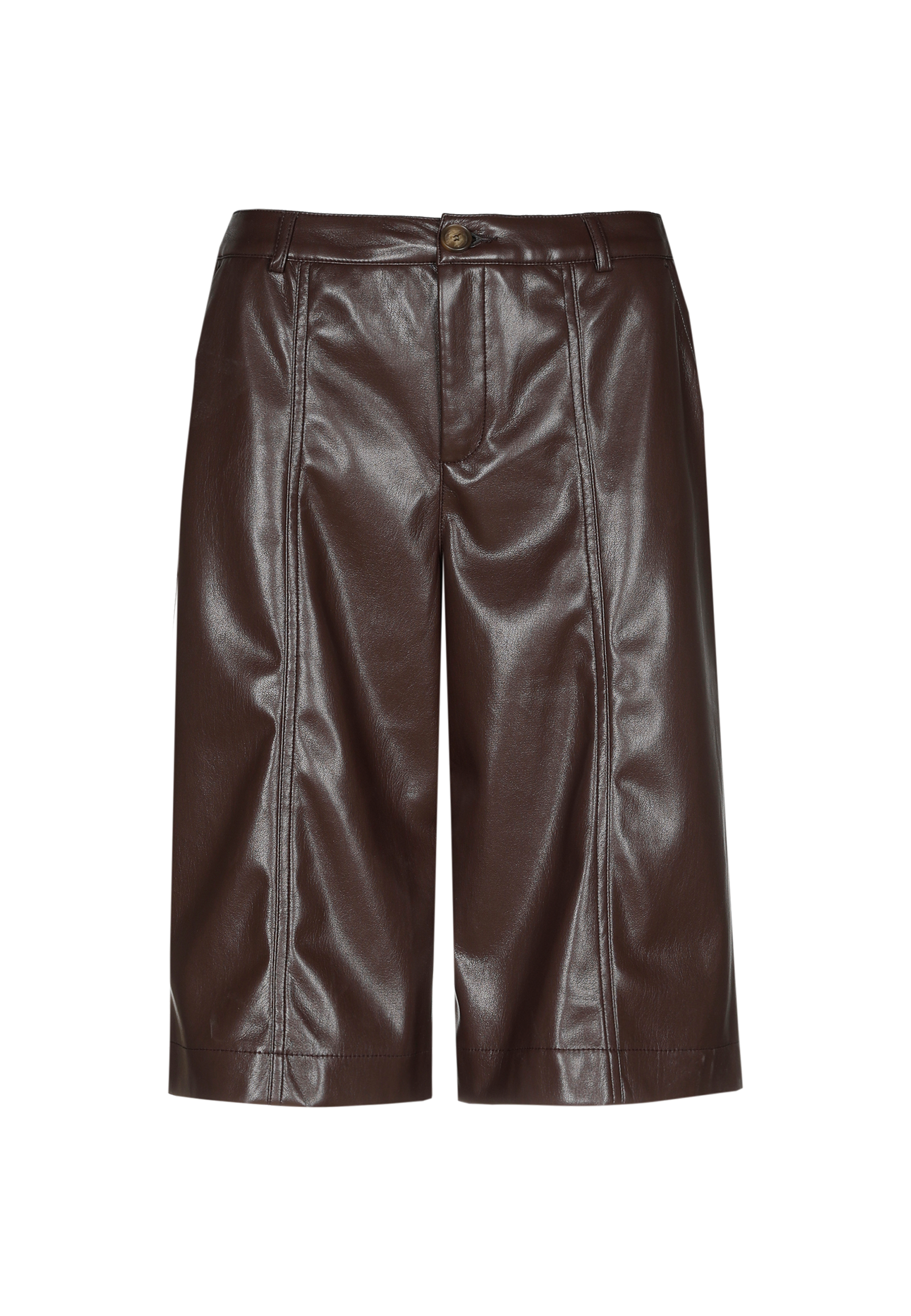 Brown faux leather shorts with front pleats and a zipper.