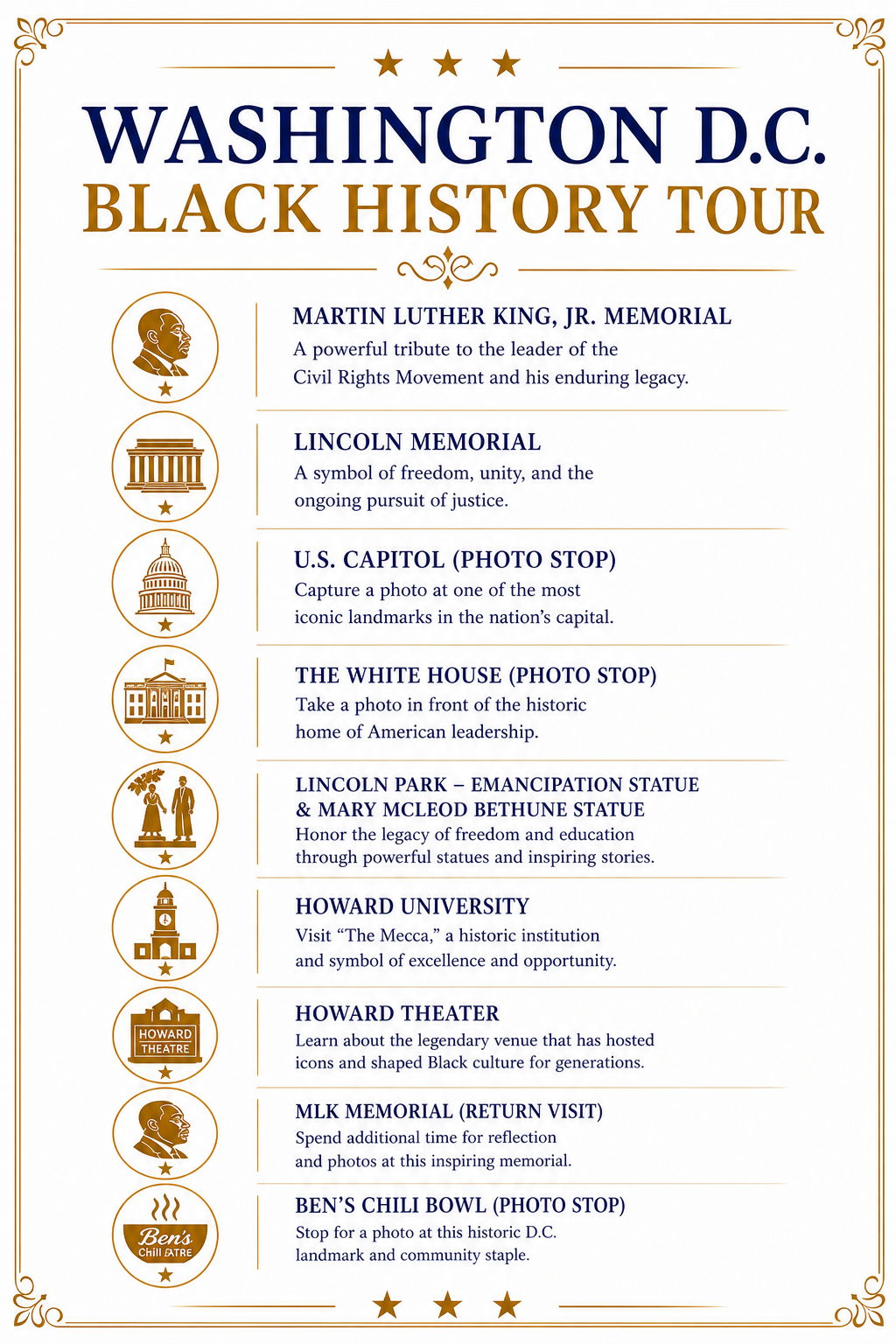 Private Washington DC Black History Tour including MLK Memorial, Howard University, Lincoln Memorial, Ben’s Chili Bowl and historic African American landmarks