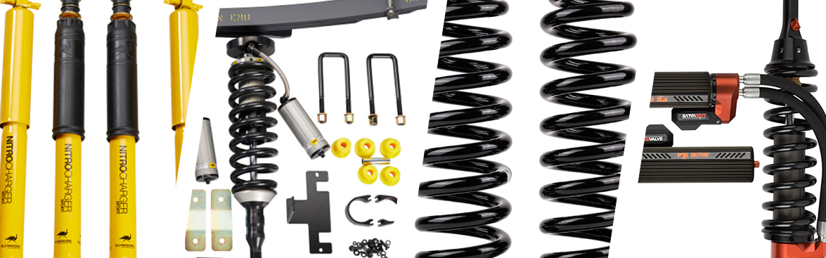 Photo collage of various coilovers for off-road vehicles.