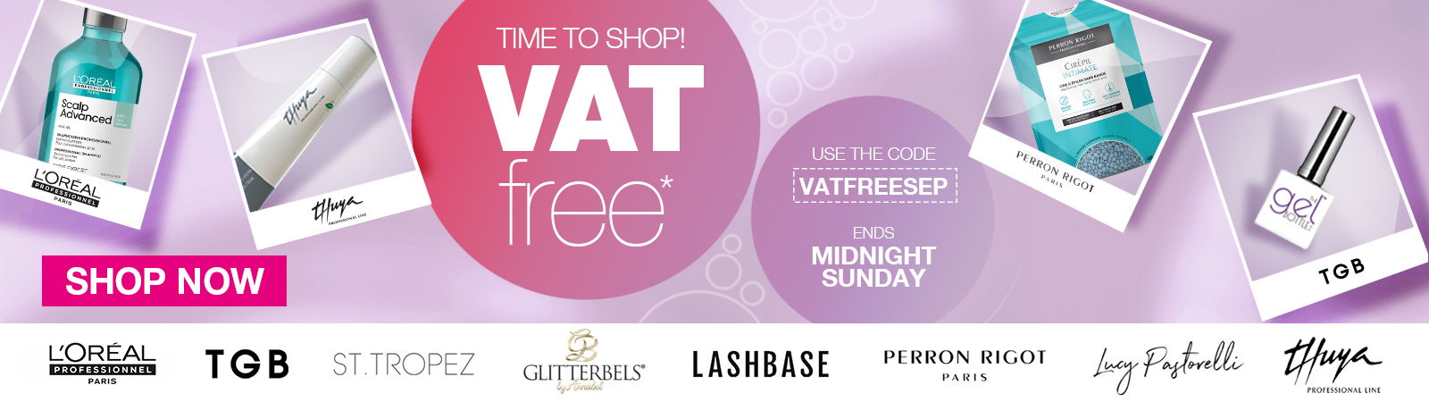 Promotional banner for VAT-free products with various beauty items.