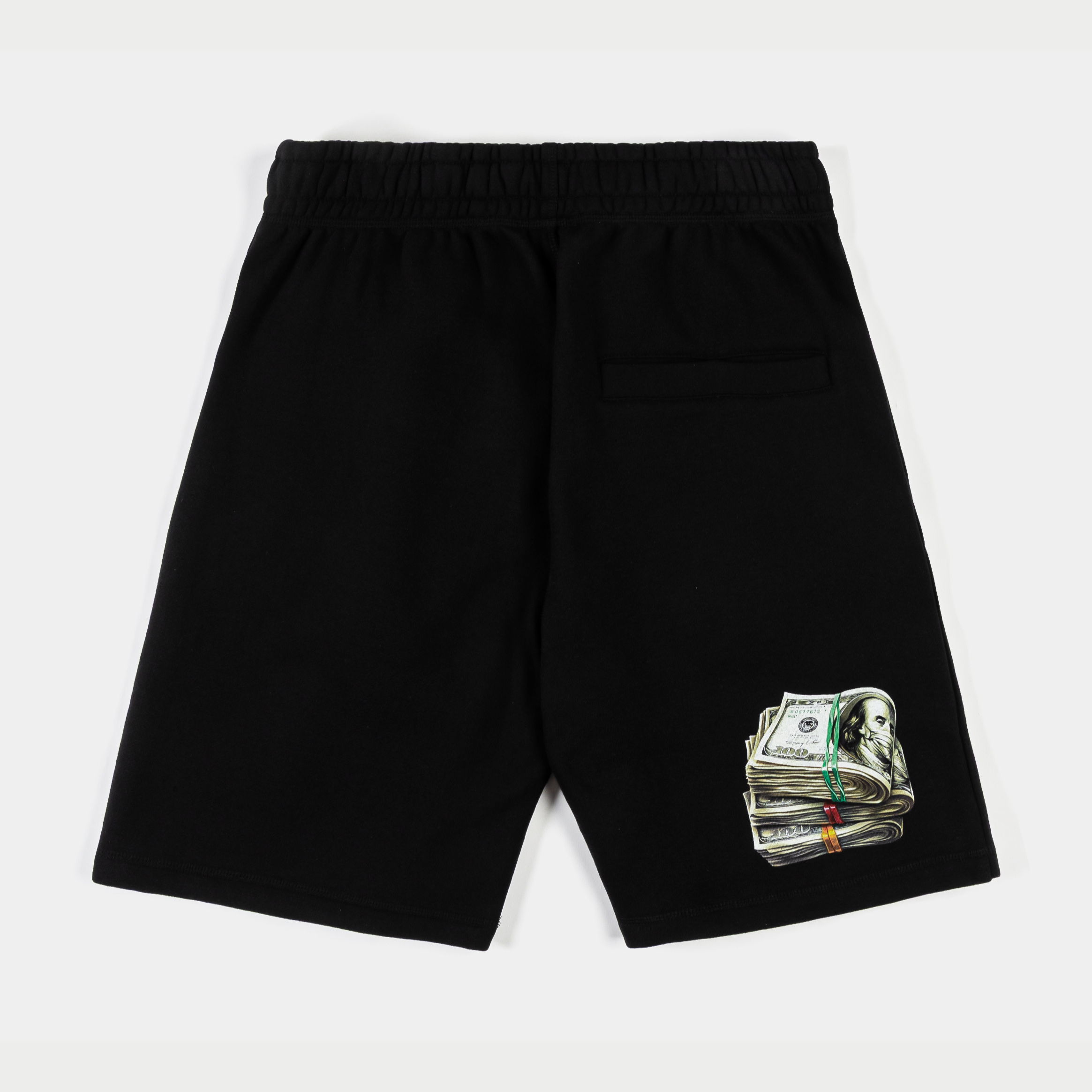 Black shorts with graphic design of hands holding money and jewelry.