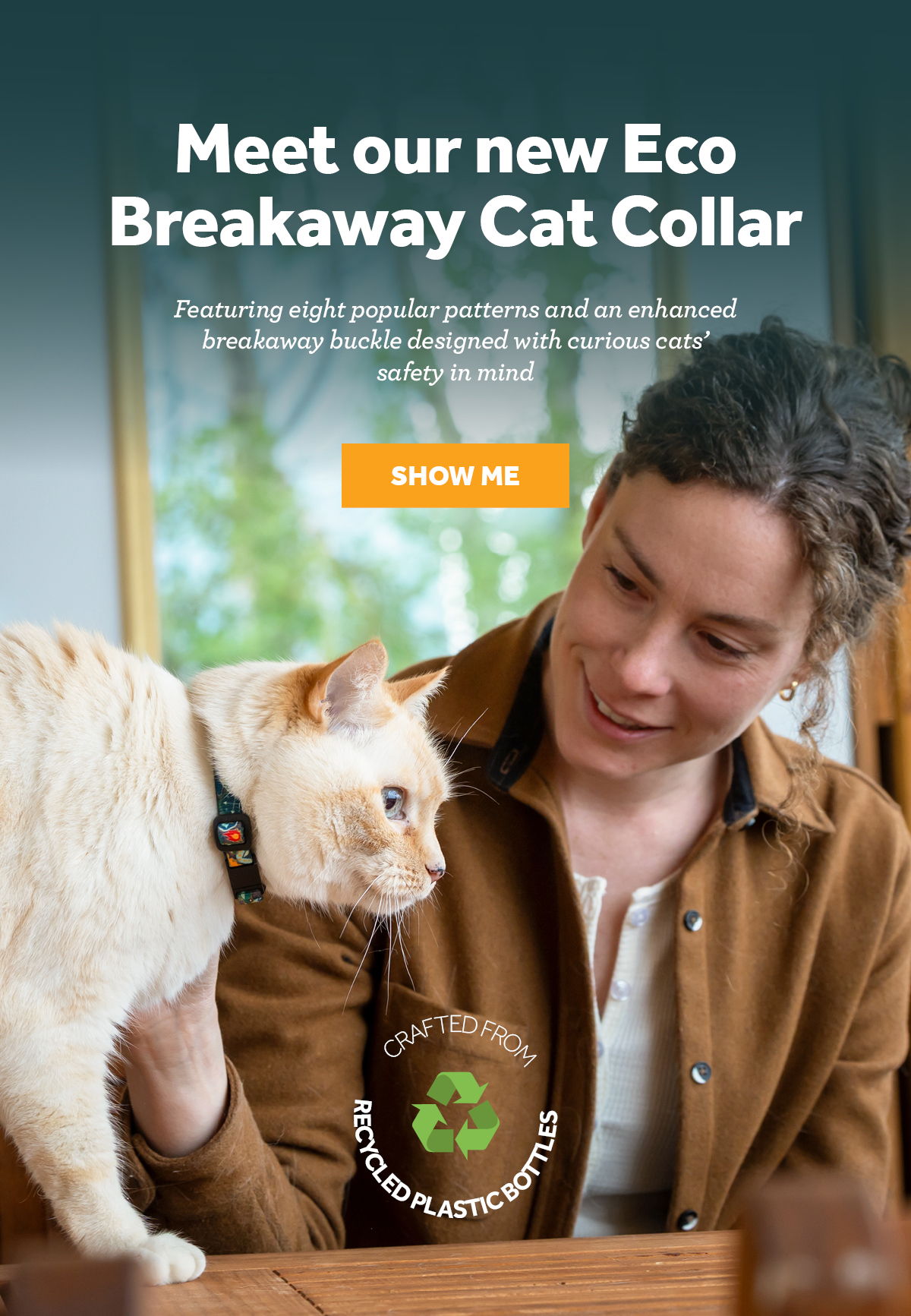 Woman with a cat promoting an eco-friendly breakaway cat collar.