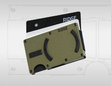 A green Ridge wallet partially visible against a light background.