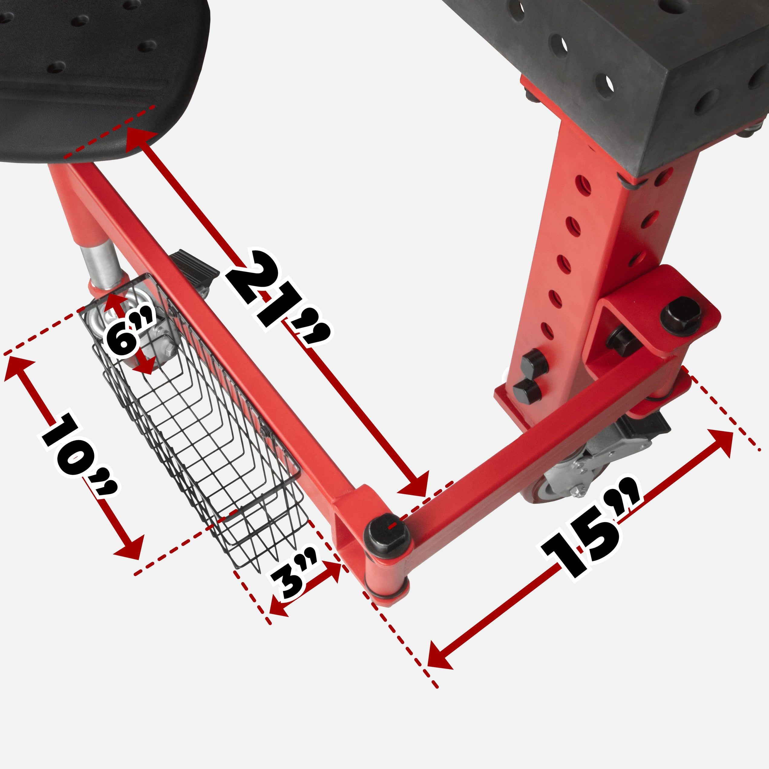 Dimensions of a red exercise bench with measurements indicated.