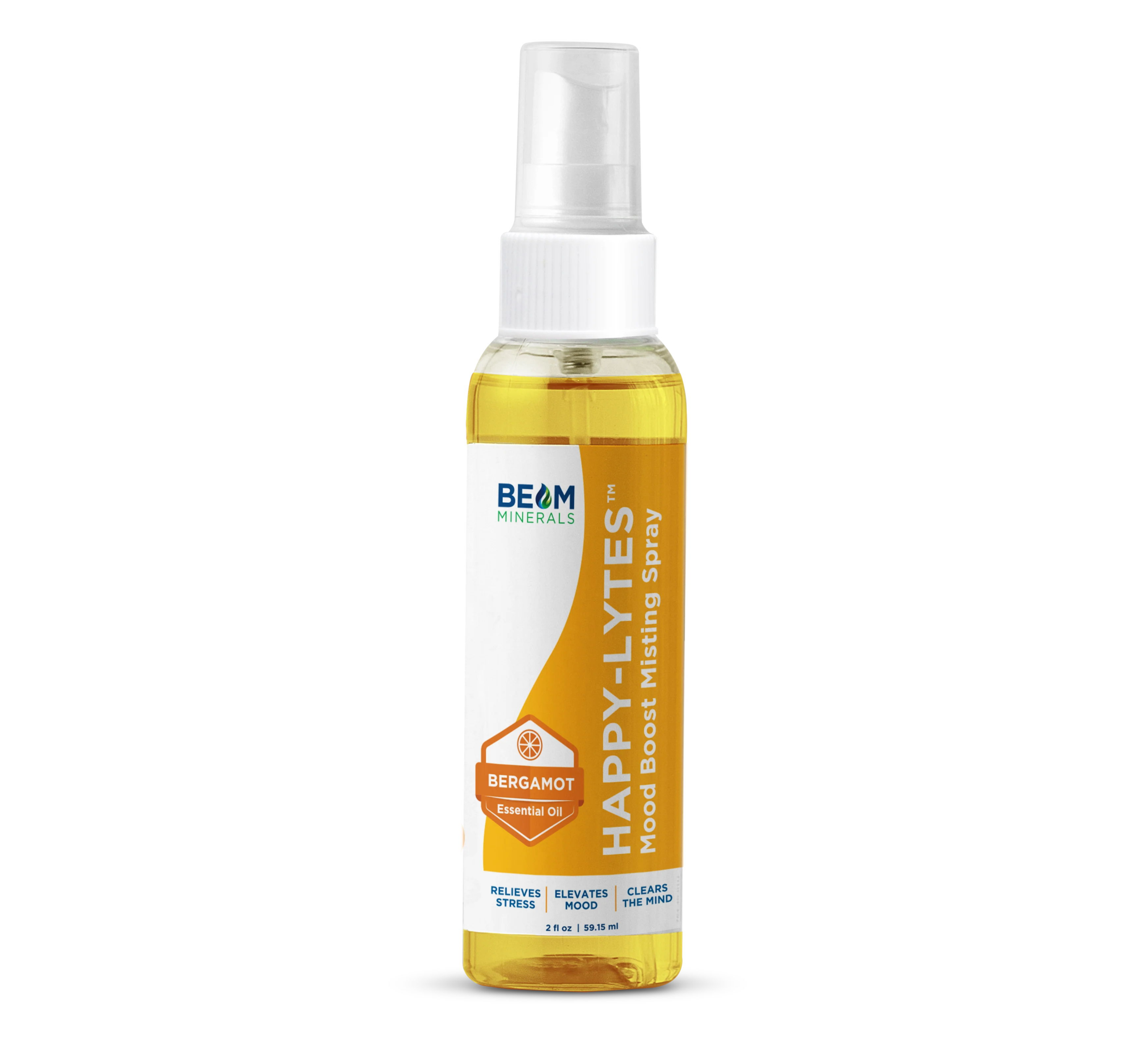 Bottle of Happy-Lytes hydration spray with a yellow liquid and spray nozzle.
