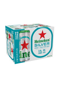 Heineken Silver beer 12-pack box with cans and nutritional information.