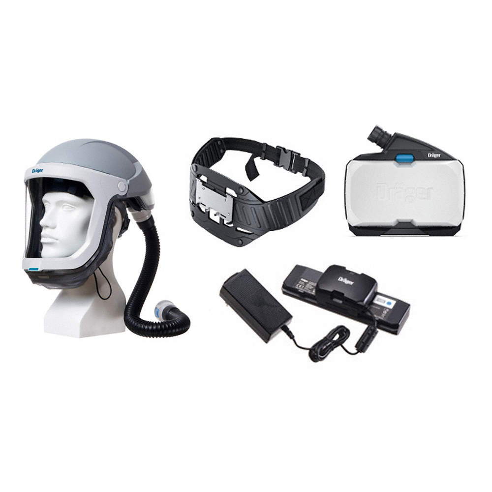 Medical equipment including a helmet, straps, and electronic devices.