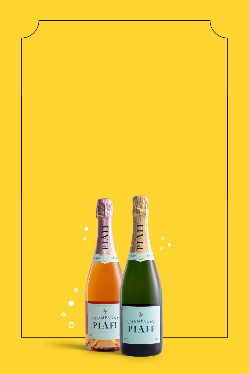 Two bottles of sparkling wine on a yellow background.