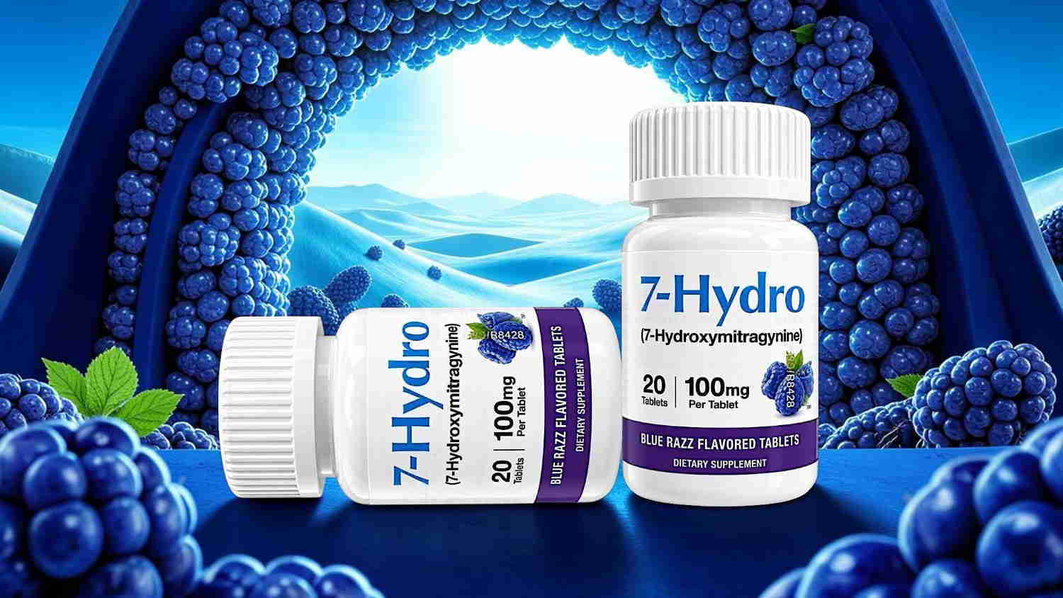 Two bottles of 7-Hydro supplement on a blue berry background.