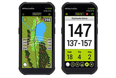 Two SkyCaddie SX550 GPS handhelds showing distances in image and numerals