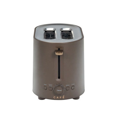 A modern, brown two-slice toaster with a sleek design.