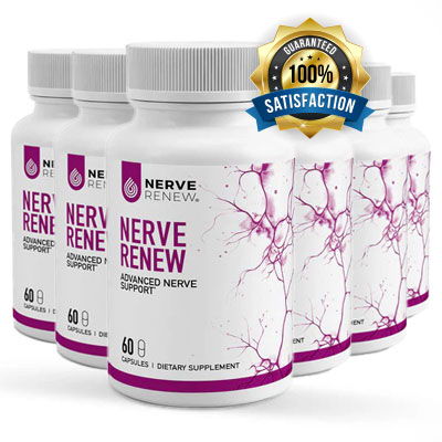 Bottles of Nerve Renew supplement with a satisfaction guarantee badge.
